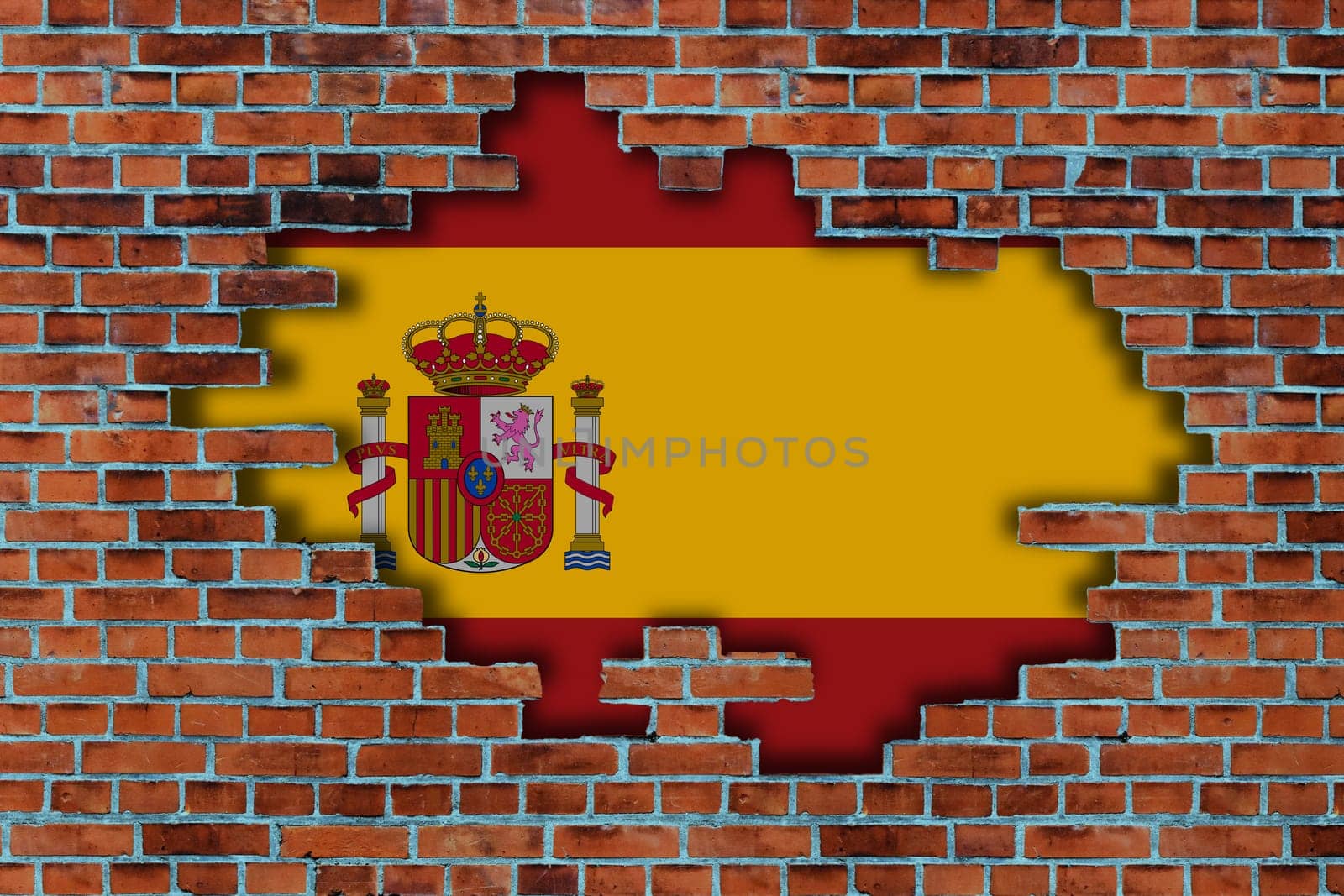 3D Flag of Spain behind the broken old stone wall background.