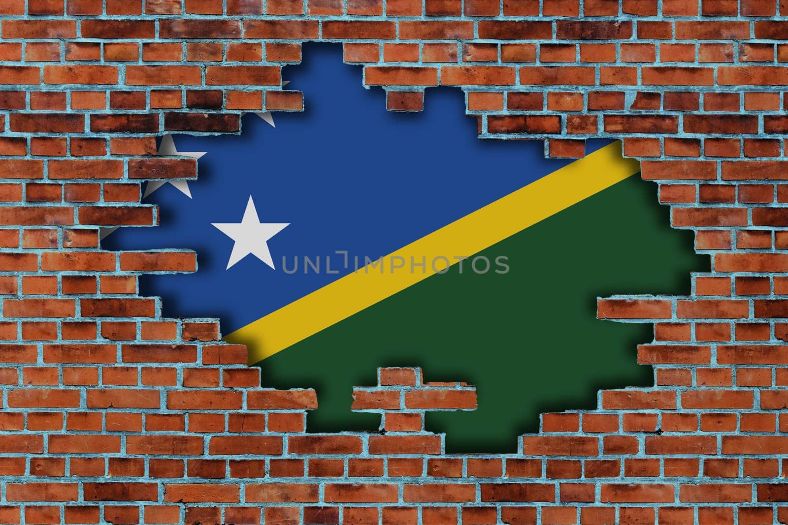 3D Flag of Solomon Islands behind the broken old stone wall background.