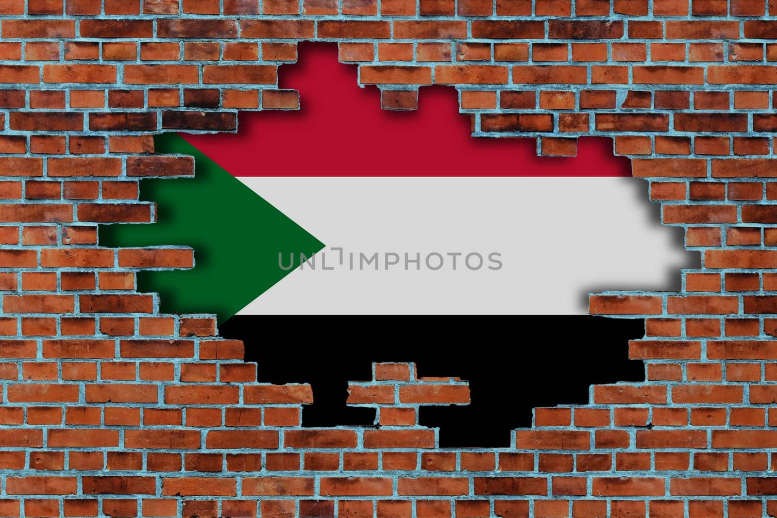 3D Flag of Sudan behind the broken old stone wall background.