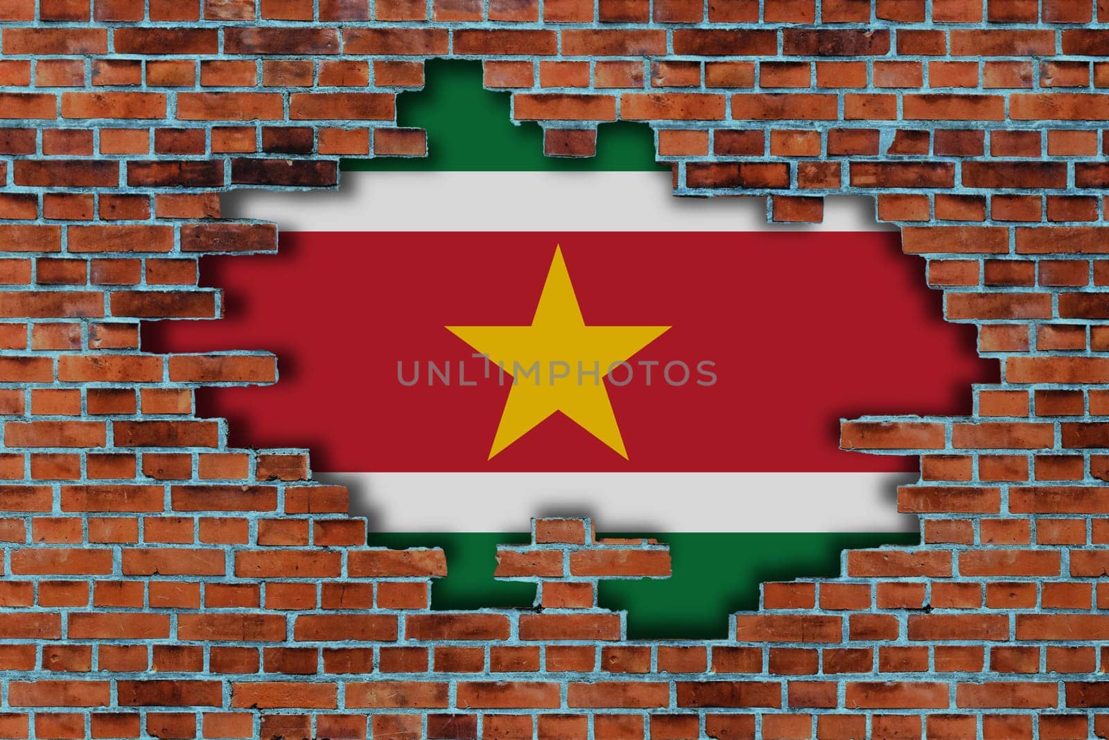 3D Flag of Suriname behind the broken old stone wall background.