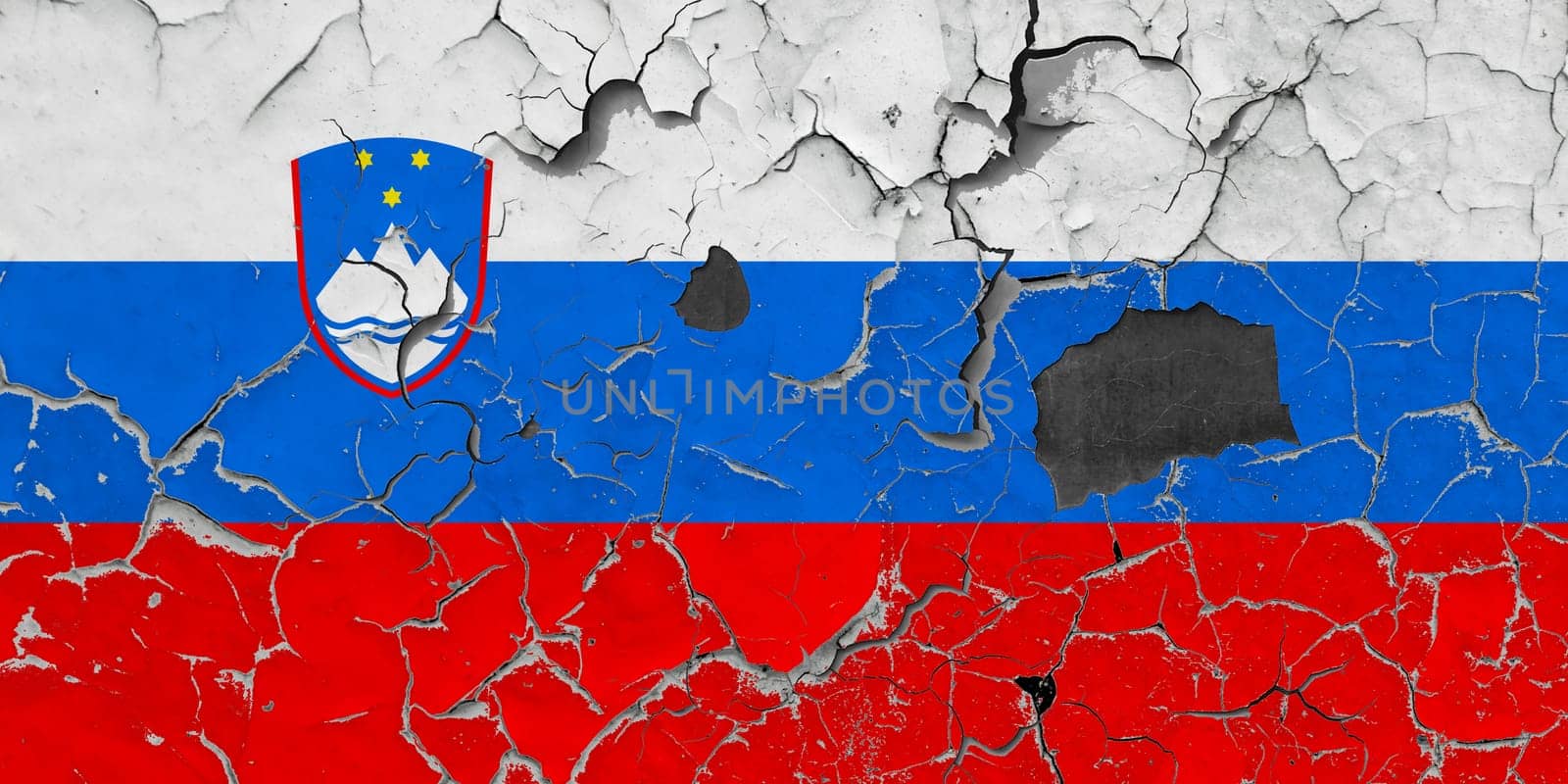 3D Flag of Slovenia on an old stone wall background.