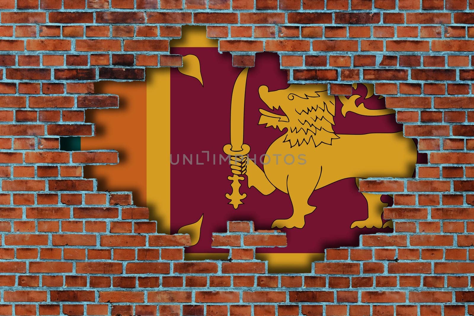 3D Flag of Sri Lanka behind the broken old stone wall background.