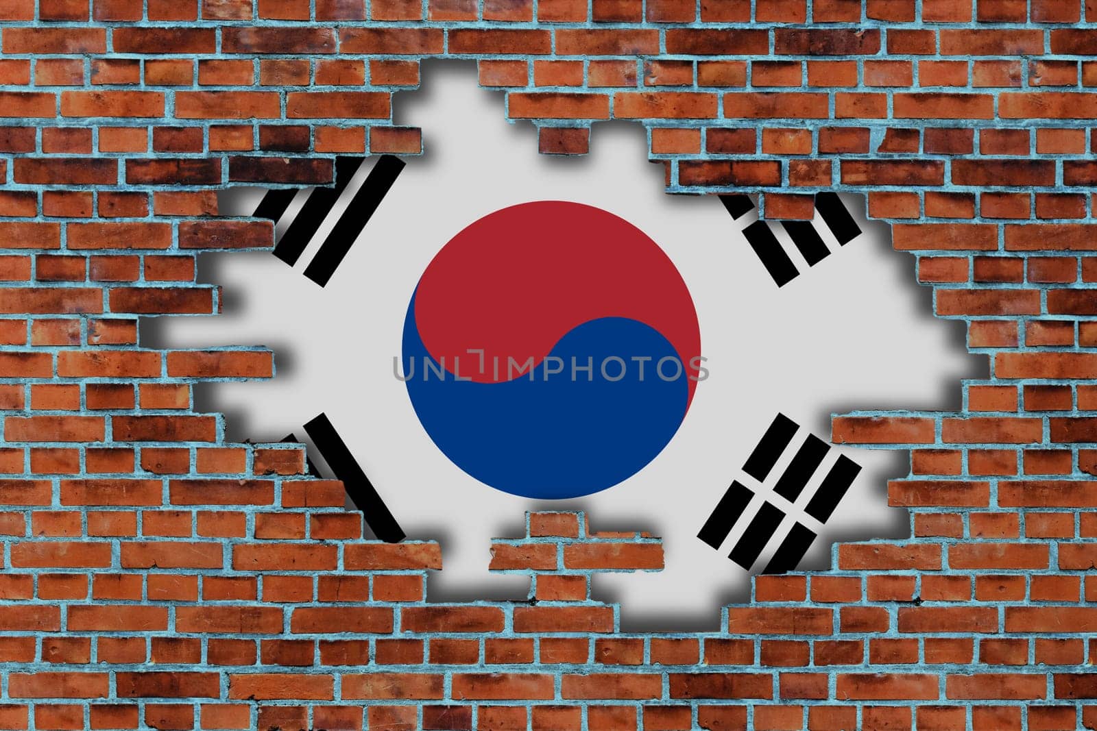3D Flag of South Korea behind the broken old stone wall background.