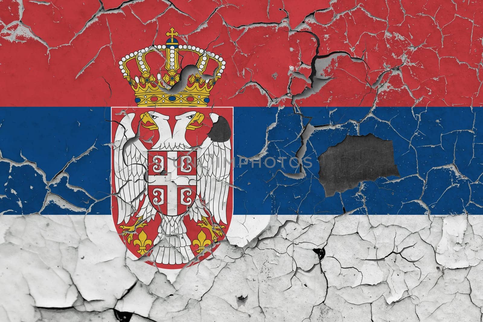 3D Flag of Serbia on an old stone wall background.