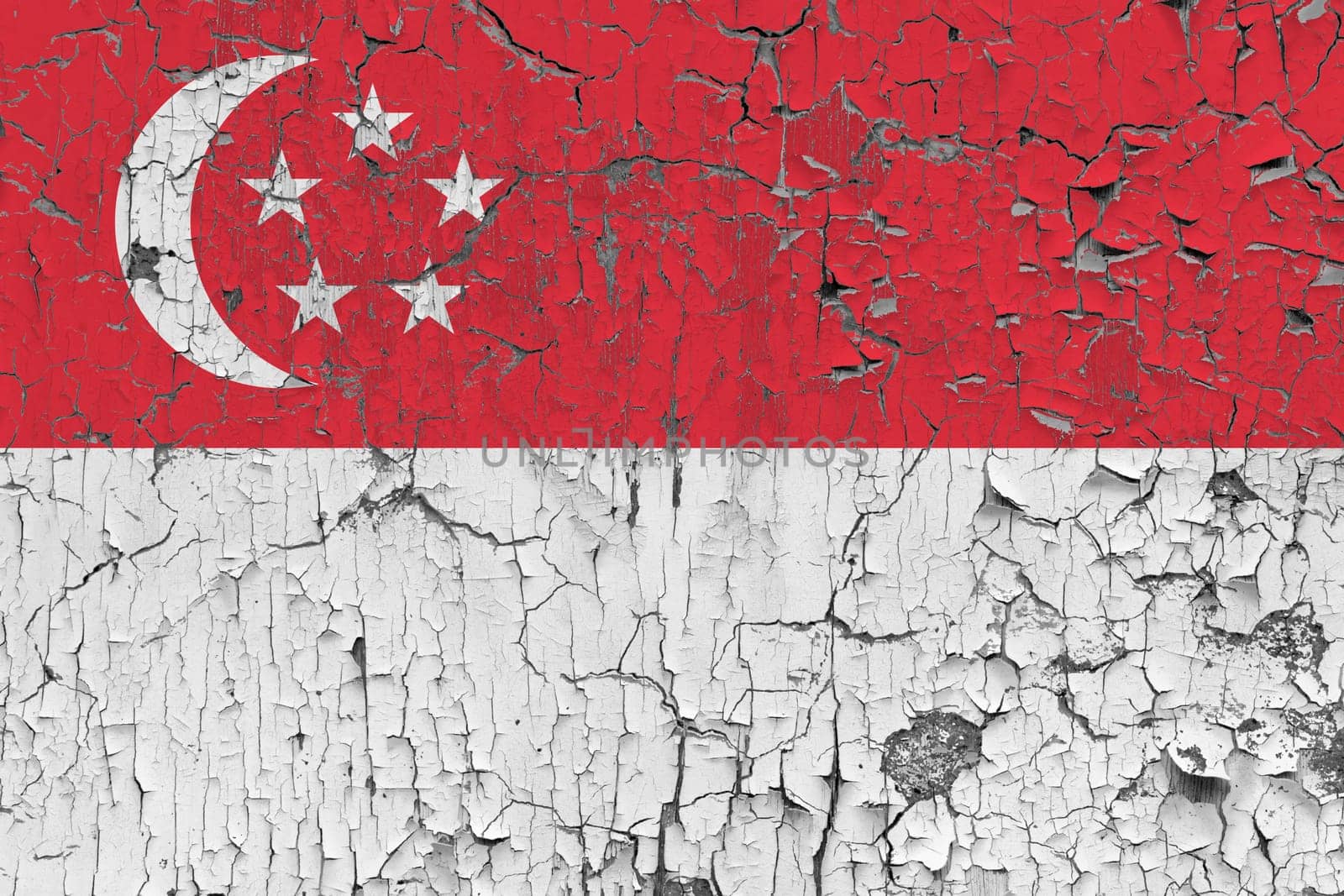 3D Flag of Singapore on an old stone wall background.