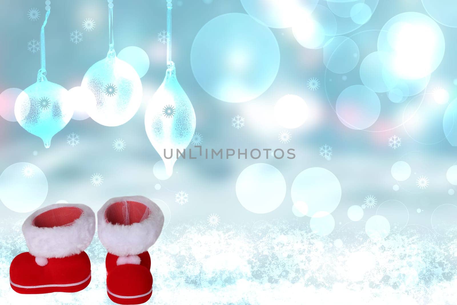 Christmas card template. Abstract festive light blue white winter christmas with bokeh lighted snowflakes, stars, xmas balls and empty Santa boots. Space for your design.