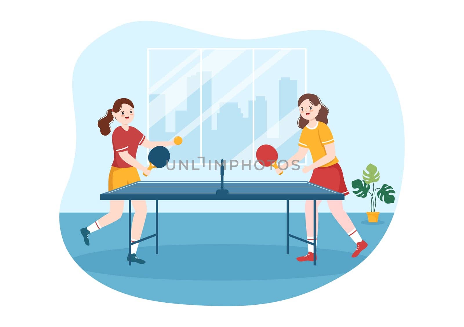 People Playing Table Tennis Sports with Racket and Ball of Ping Pong Game Match in Flat Cartoon Hand Drawn Templates Illustration