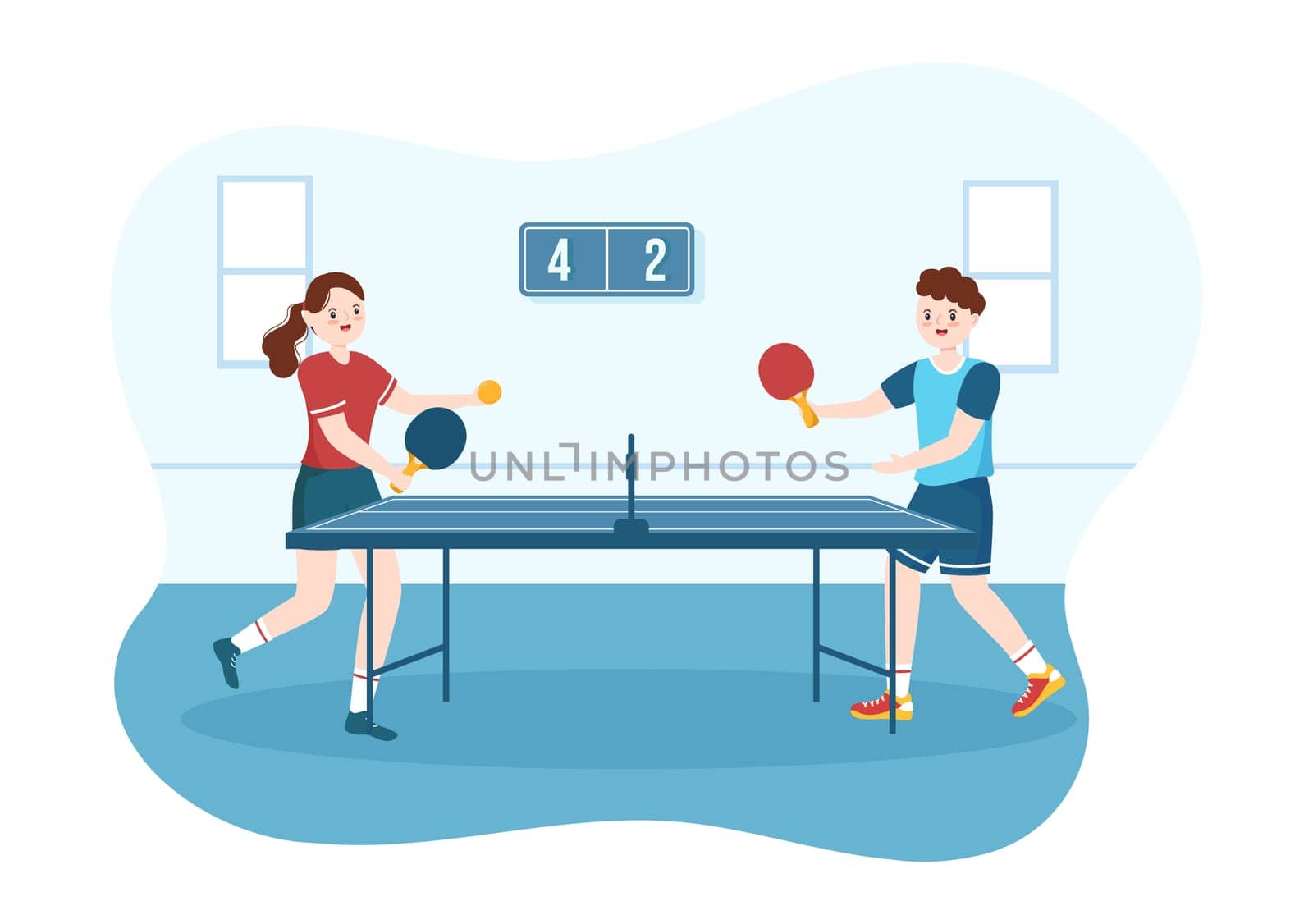 People Playing Table Tennis Sports with Racket and Ball of Ping Pong Game Match in Flat Cartoon Hand Drawn Templates Illustration