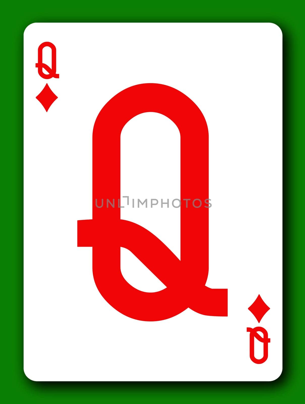 A Queen of Diamonds playing card with clipping path to remove background and shadow 3d illustration