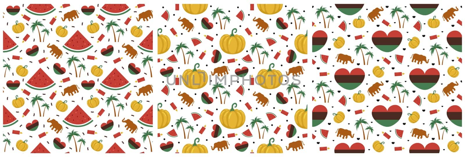 Set of Happy Kwanzaa Holiday African Seamless Pattern Design with Festival Style Element on Template Hand Drawn Cartoon Flat Illustration
