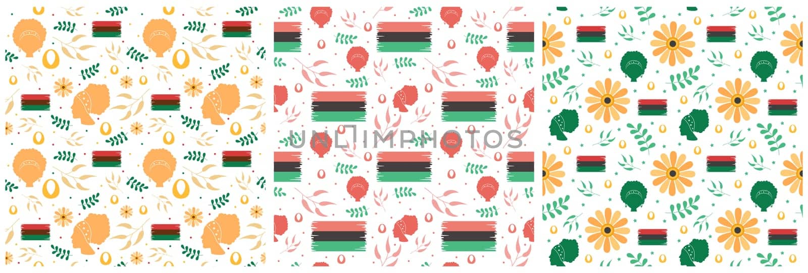 Set of Happy Kwanzaa Holiday African Seamless Pattern Design with Festival Style Element on Template Hand Drawn Cartoon Flat Illustration