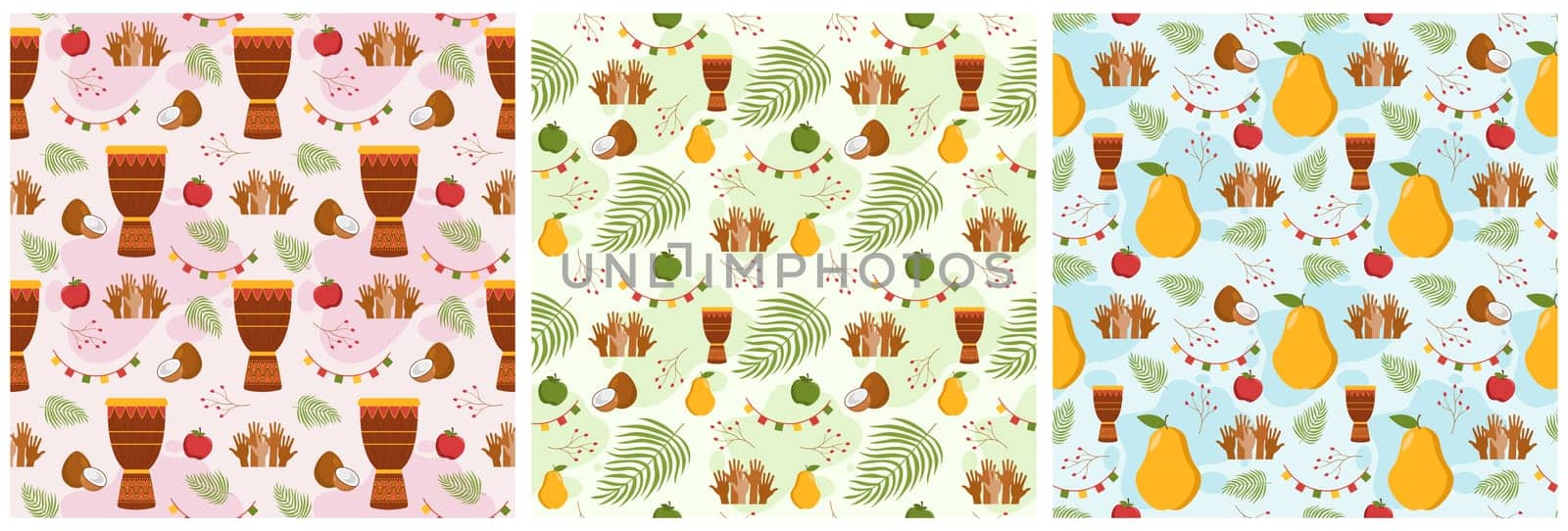 Set of Happy Kwanzaa Holiday African Seamless Pattern Design with Festival Style Element on Template Hand Drawn Cartoon Flat Illustration