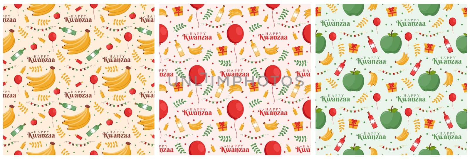 Set of Happy Kwanzaa Holiday African Seamless Pattern Design with Festival Style Element on Template Hand Drawn Cartoon Flat Illustration