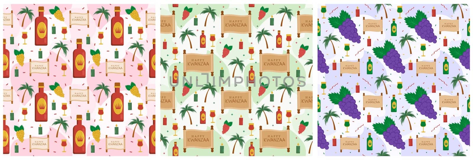 Set of Happy Kwanzaa Holiday African Seamless Pattern Design with Festival Style Element on Template Hand Drawn Cartoon Flat Illustration