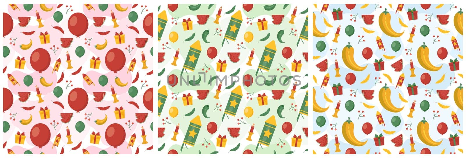 Set of Happy Kwanzaa Holiday African Seamless Pattern Design with Festival Style Element on Template Hand Drawn Cartoon Flat Illustration