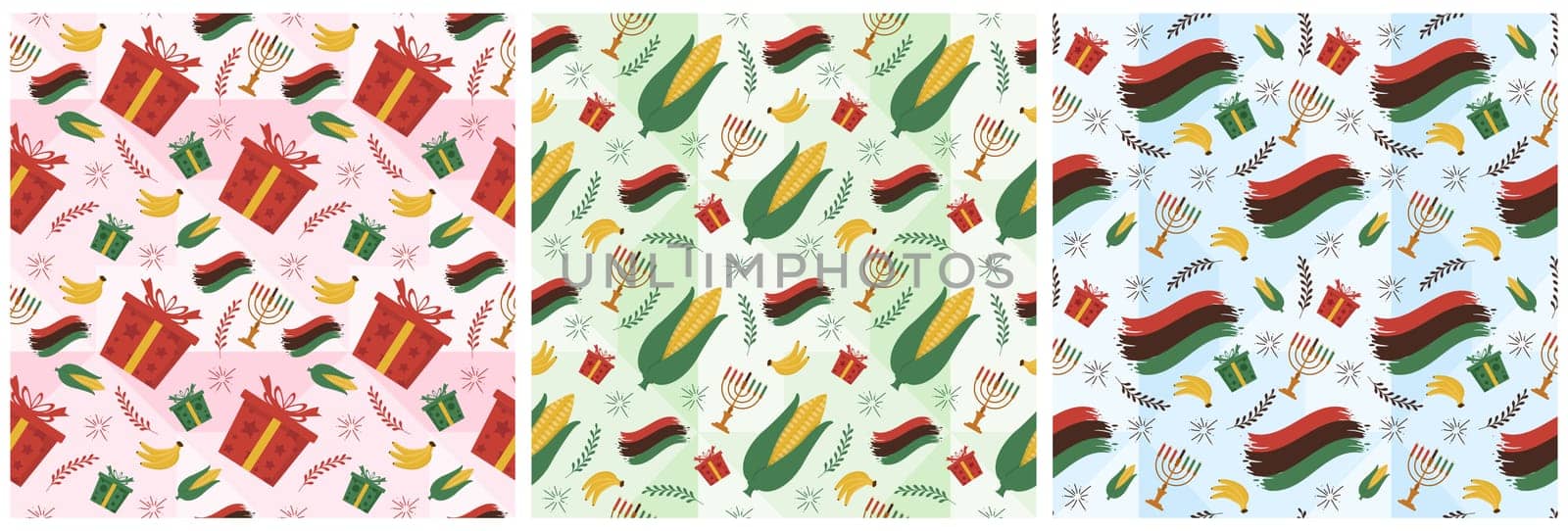 Set of Happy Kwanzaa Holiday African Seamless Pattern Design with Festival Style Element on Template Hand Drawn Cartoon Flat Illustration