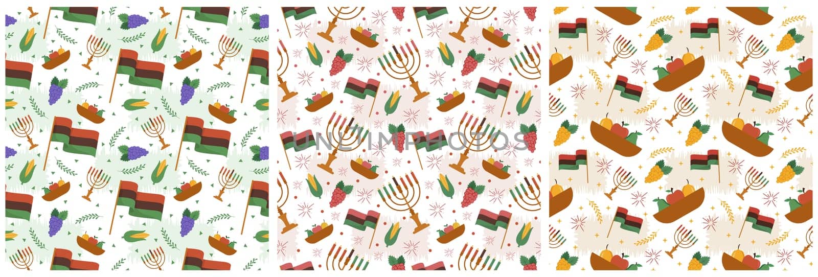 Set of Happy Kwanzaa Holiday African Seamless Pattern Design with Festival Style Element on Template Hand Drawn Cartoon Flat Illustration