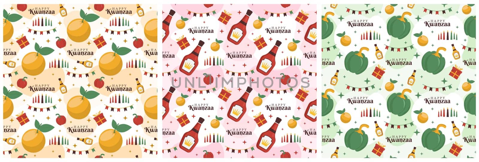 Set of Happy Kwanzaa Holiday African Seamless Pattern Design with Festival Style Element on Template Hand Drawn Cartoon Flat Illustration