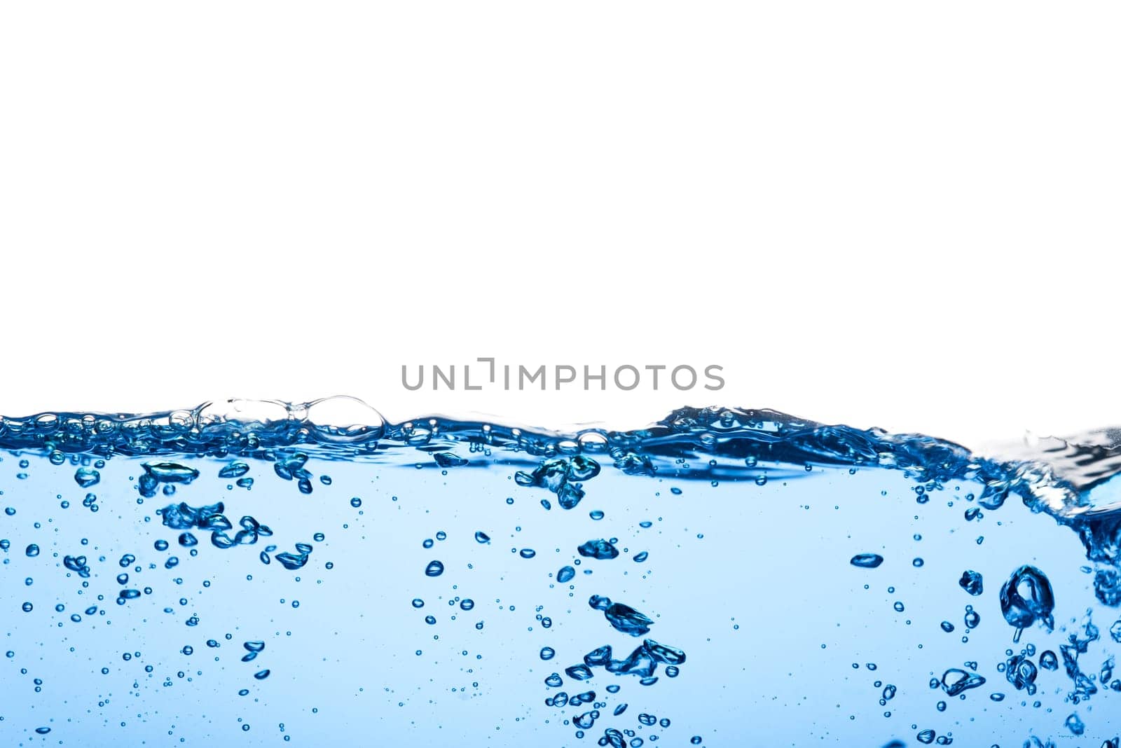 Abstract clean flow ripple surface on liquid. Light blue water wave with air bubbles and a little bit splashed underwater, studio shot isolated on white background