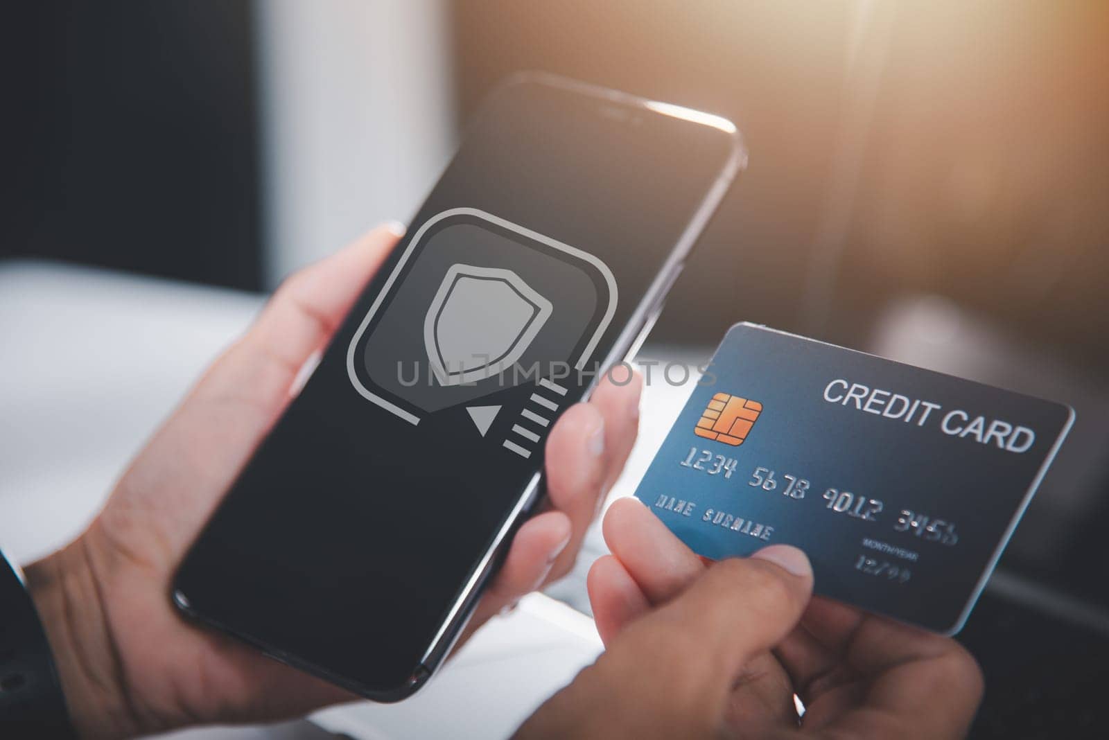 Female register via credit cards on mobile phone make digital payment security online, Business woman hands holding credit card and smartphone to pay product at home, Internet online shopping concept