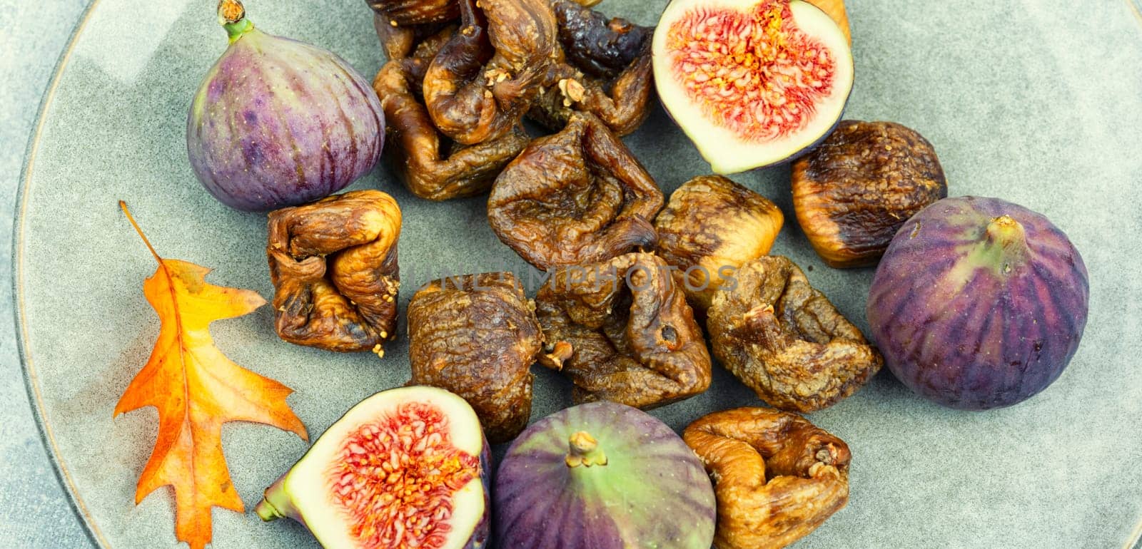 Fig tree fruits, dried figs. Dried fruit, autumn sweet. Flat lay with copy space