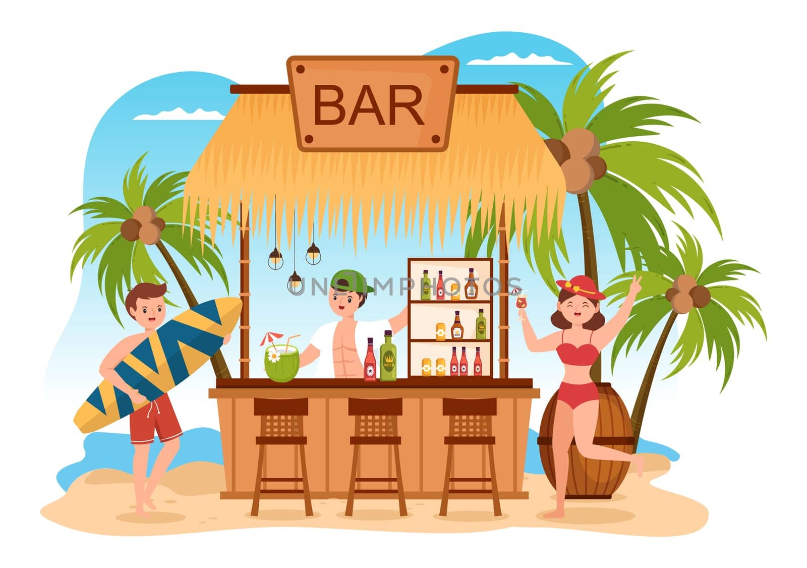 Tropical Cocktail Bar Serving Alcoholic Fruit Juice Drinks or Cocktails by the Sea on Flat Hand Drawn Cartoon Template Illustration