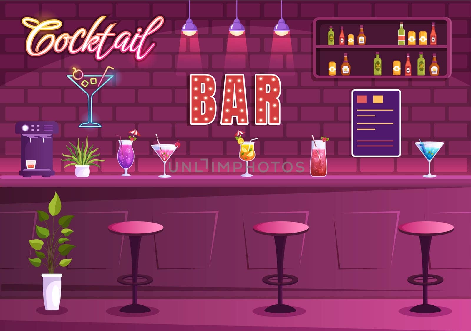 Cocktail Bar or Nightclub with Friends Hanging Out with Alcoholic Fruit Juice Drinks or Cocktails on Flat Hand Drawn Cartoon Template Illustration