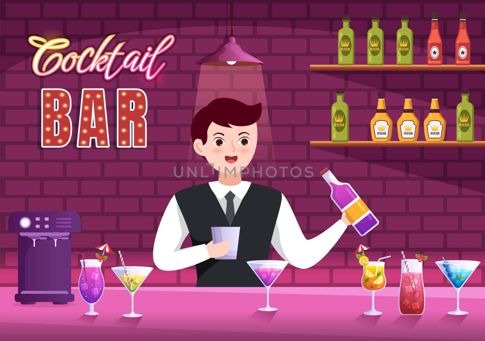 Cocktail Bar or Nightclub with Friends Hanging Out with Alcoholic Fruit Juice Drinks or Cocktails on Flat Hand Drawn Cartoon Template Illustration