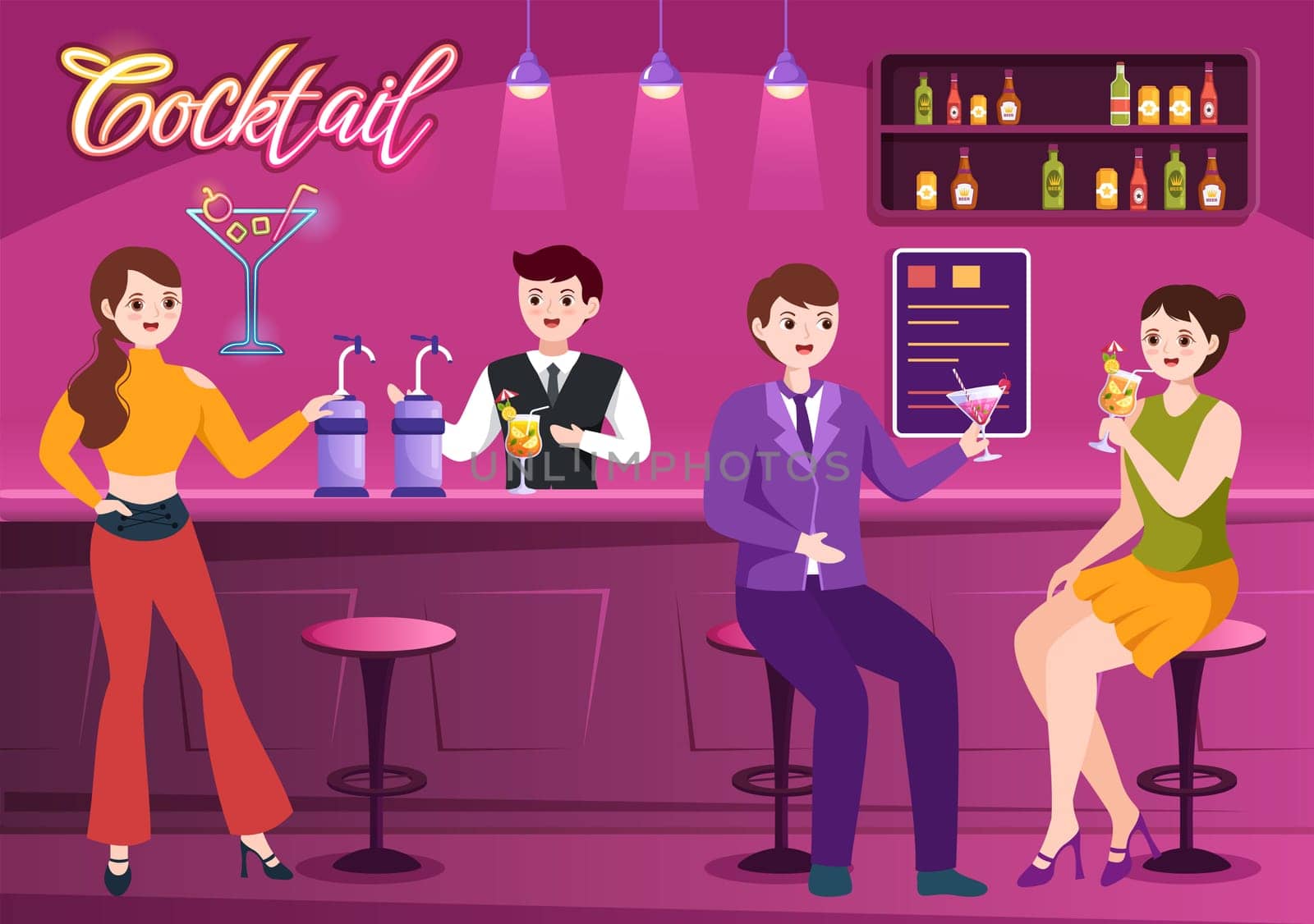 Cocktail Bar or Nightclub with Friends Hanging Out with Alcoholic Fruit Juice Drinks or Cocktails on Flat Hand Drawn Cartoon Template Illustration