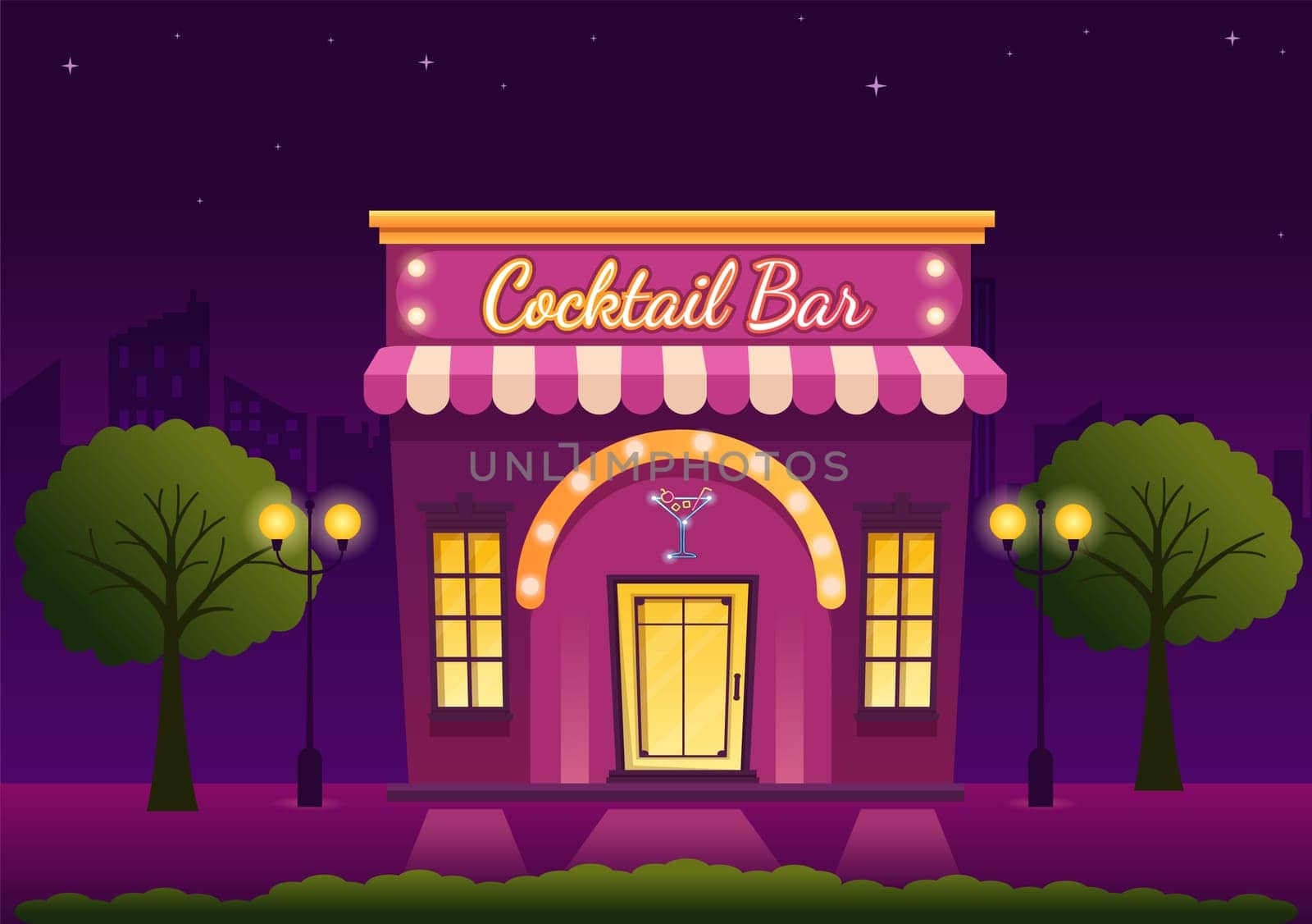 Cocktail Bar or Nightclub with Friends Hanging Out with Alcoholic Fruit Juice Drinks or Cocktails on Flat Hand Drawn Cartoon Template Illustration