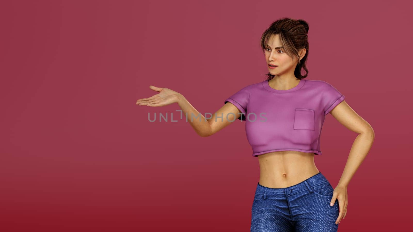 young woman wearing pink camisole showing with her hand presenting empty copy space lady 3D illustration