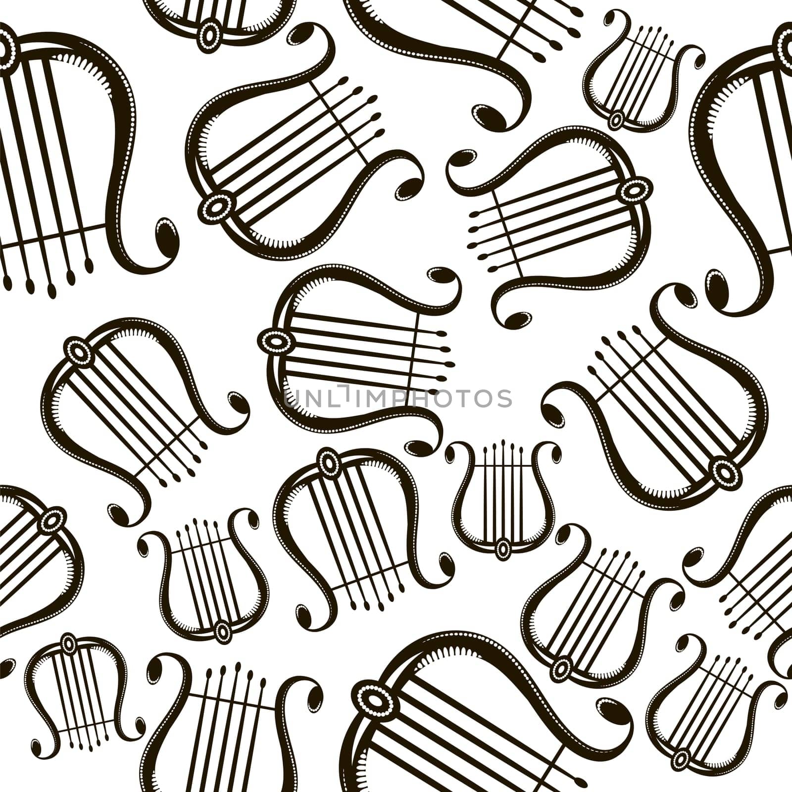 Retro Greek lyre with strings. Musical instrument icon seamless pattern isolated on white background.