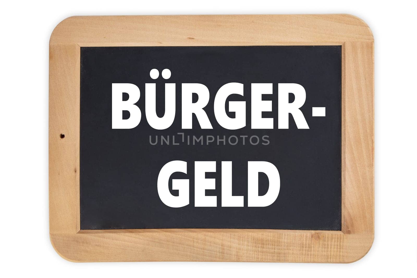 Vintage black board with wooden frame and german word Bürgergeld ( engl. citizen money) isolated on white background. New financial help system in Germany. Social support concept.