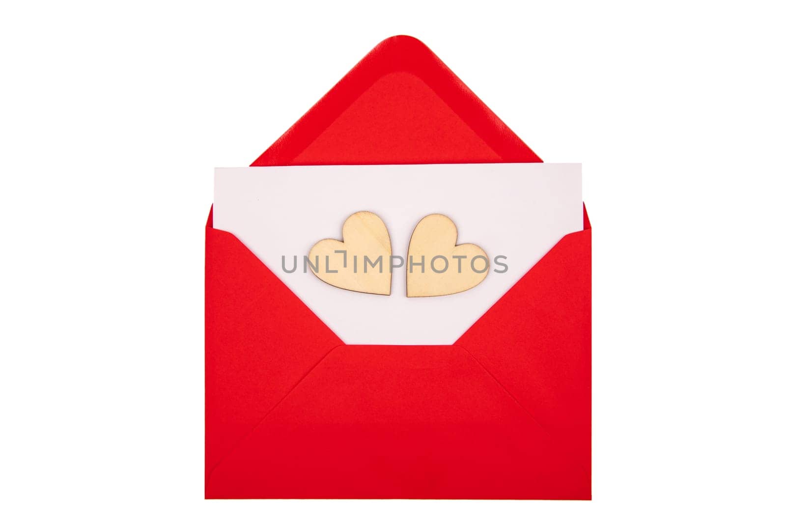 Red envelope with two little hearts isolated over white background