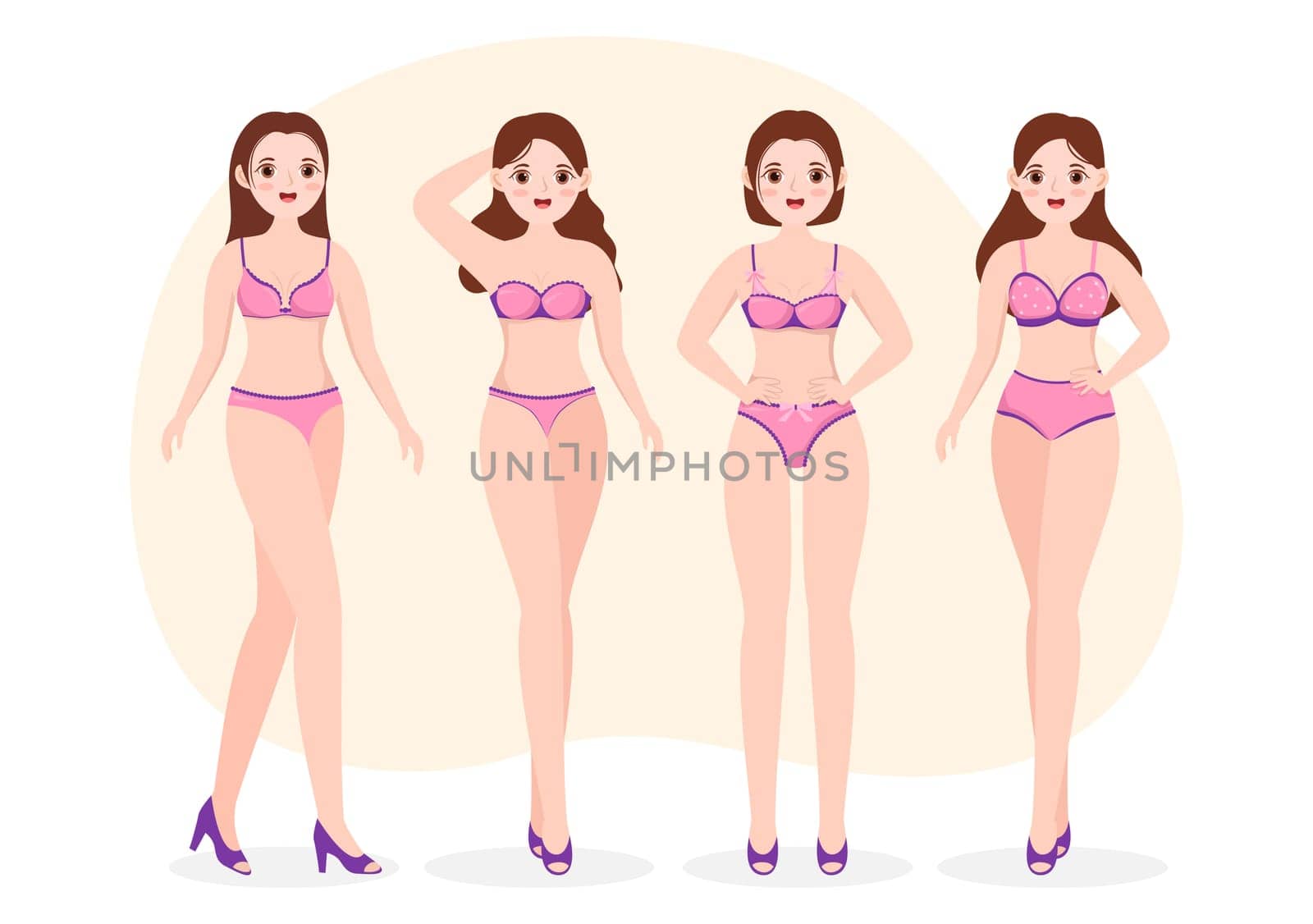 Collection of Stylish Woman Lingerie, Bra and Undies Underwear with Pink and Purple Color on Flat Cartoon Hand Drawn Templates Illustration