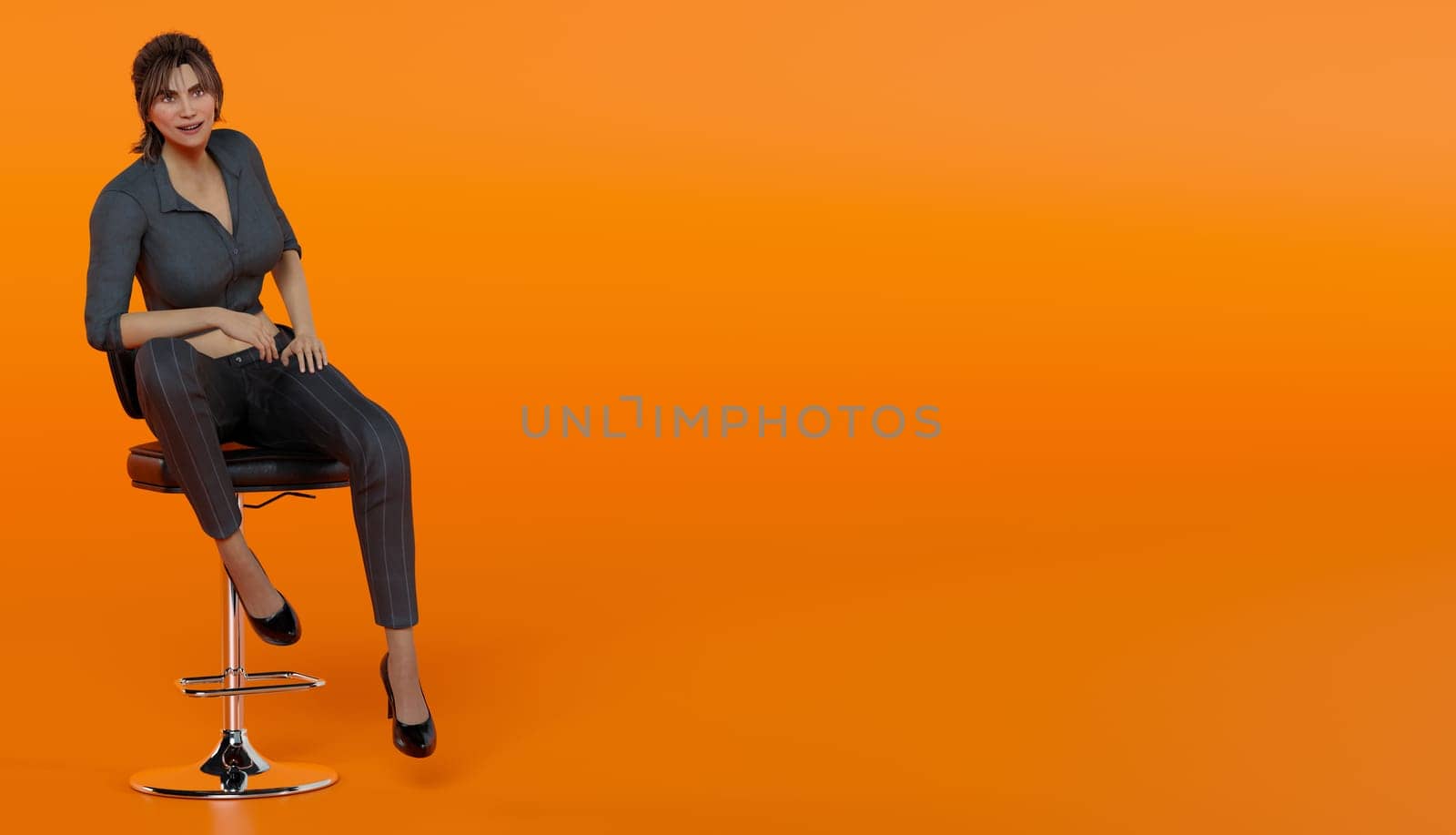 business woman sitting at the bar smiling and talking in black suit on orange background 3D illustration