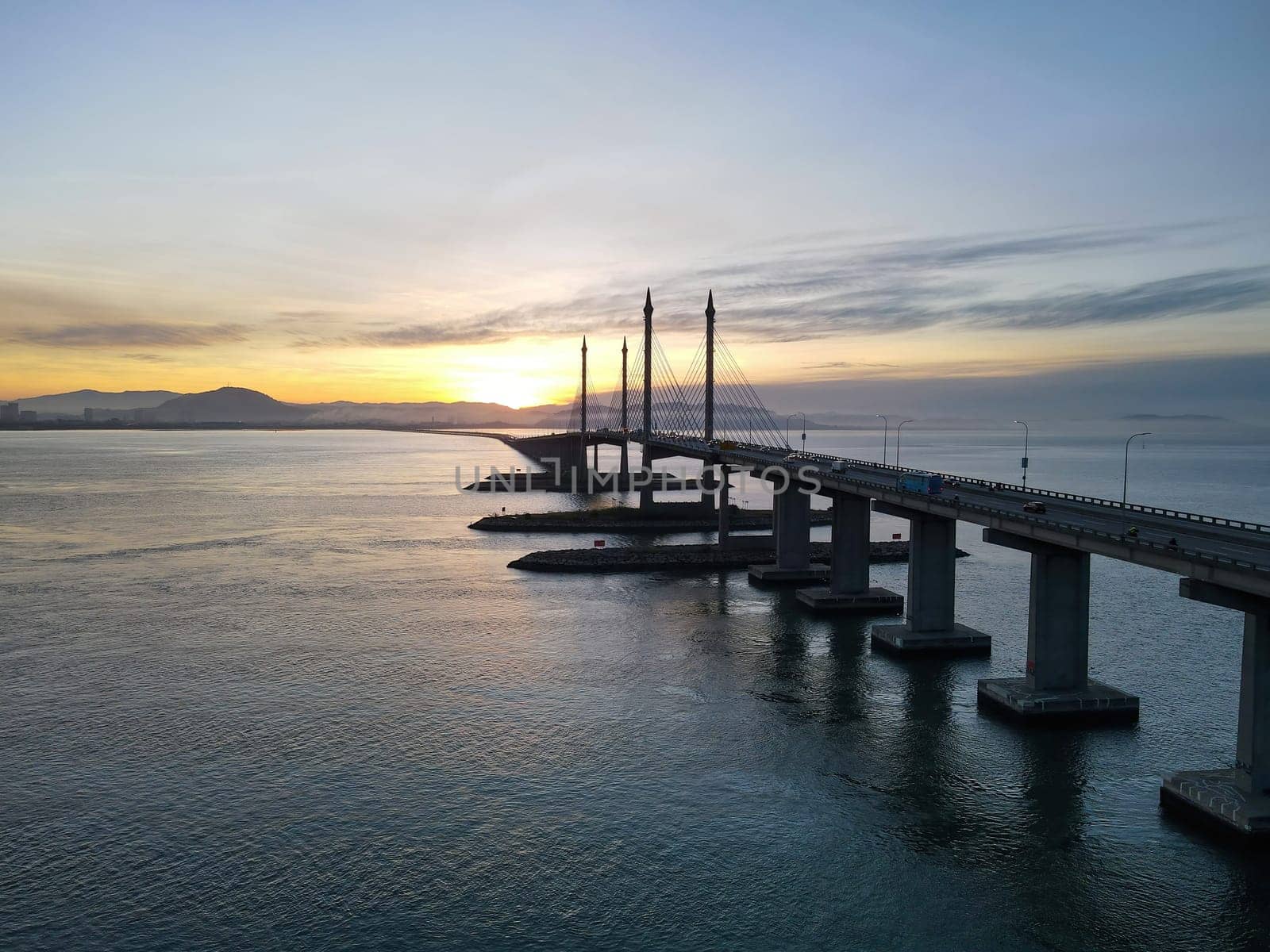 Aerial view Penang Bridge in sunrise morning