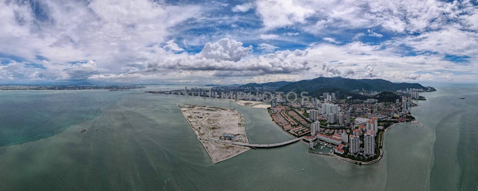 Panorama aerial view Tanjung Tokong at Penang Island in blue cloudy day