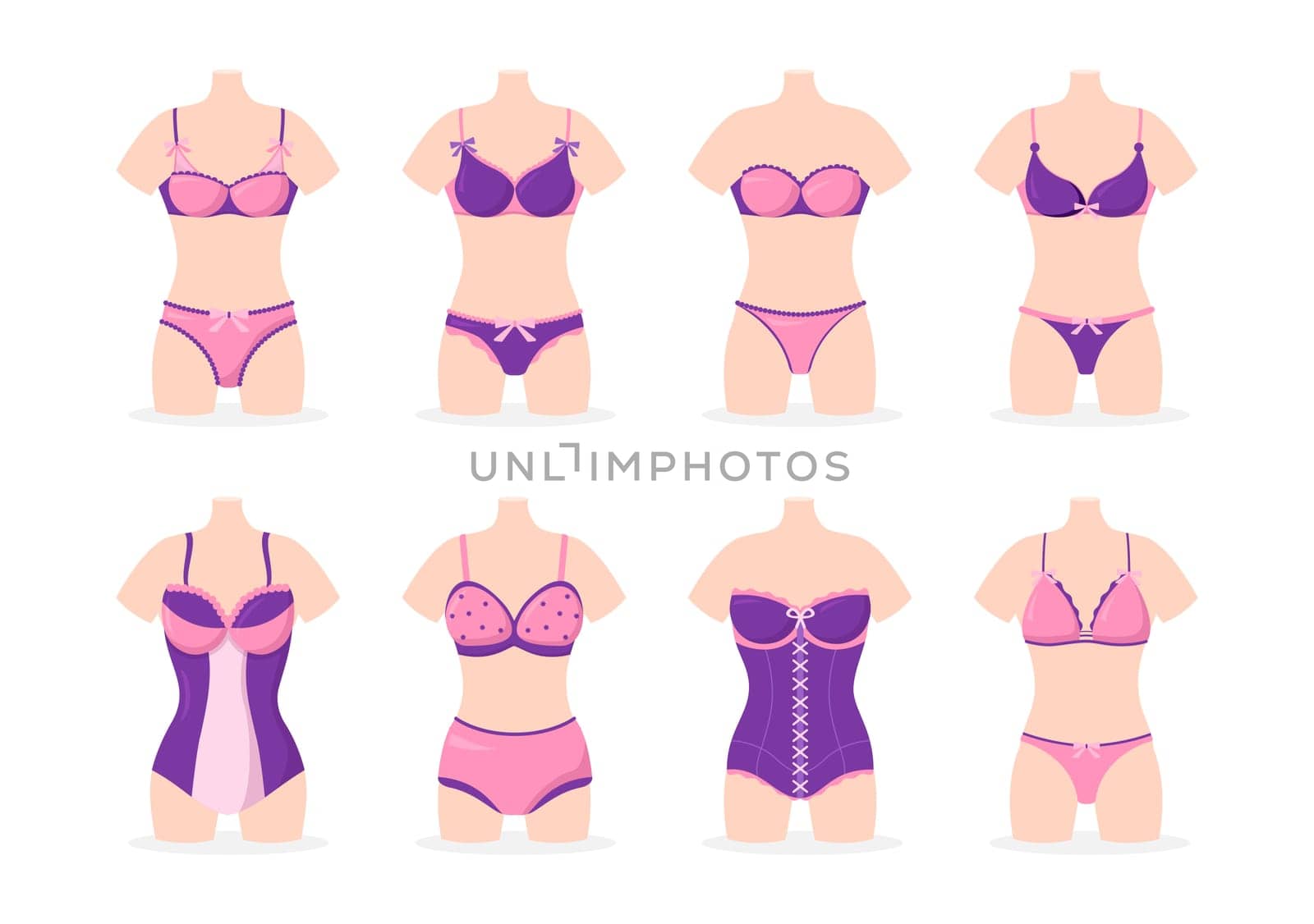 Collection of Stylish Woman Lingerie, Bra and Undies Underwear with Pink and Purple Color on Flat Cartoon Hand Drawn Templates Illustration