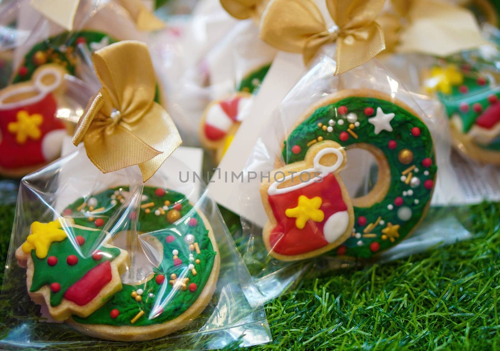 Christmas tree, sock bakery wrap in plastic bag. Winter holiday decoration concept