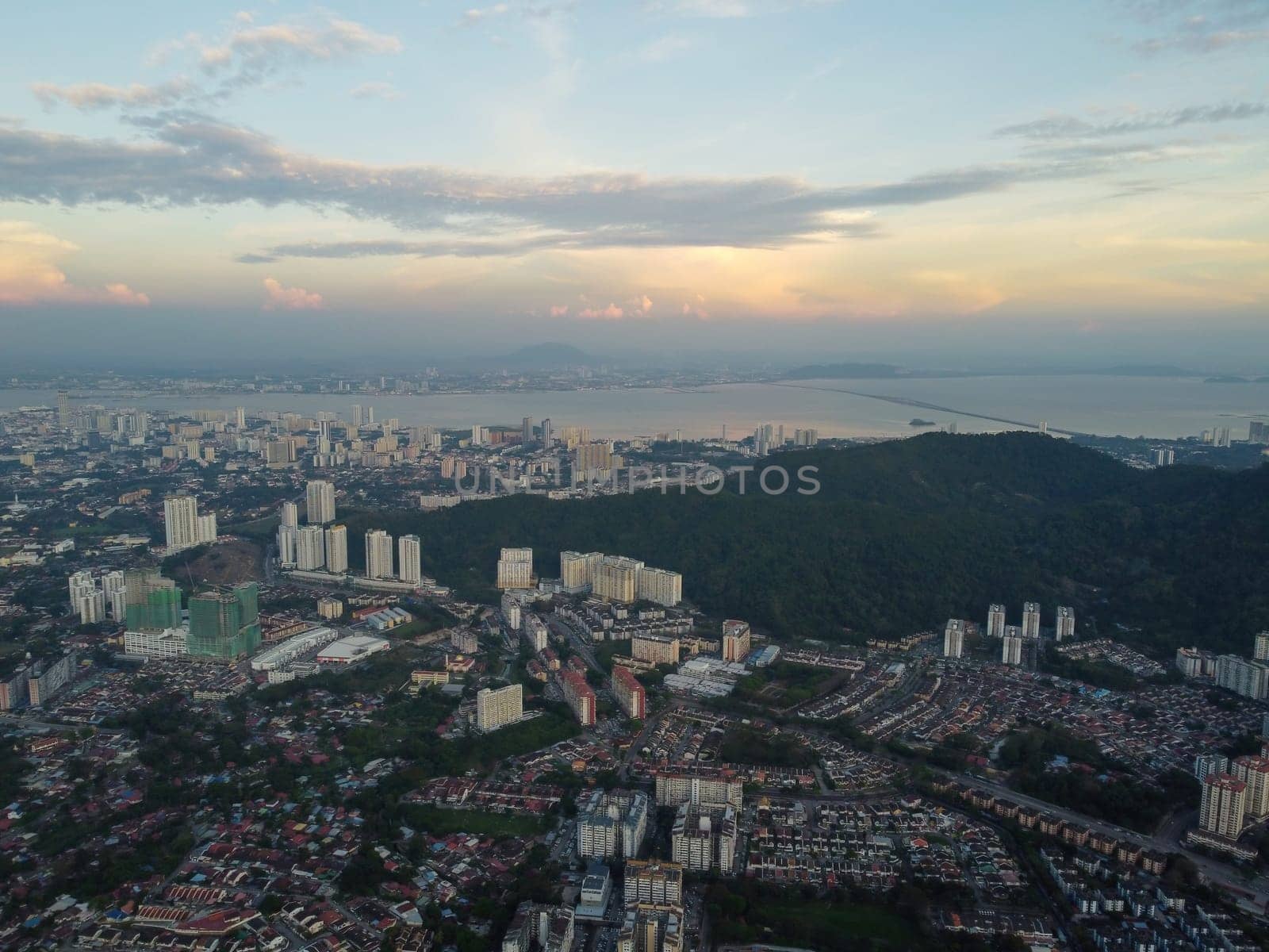 Aerial view Farlim town in evening