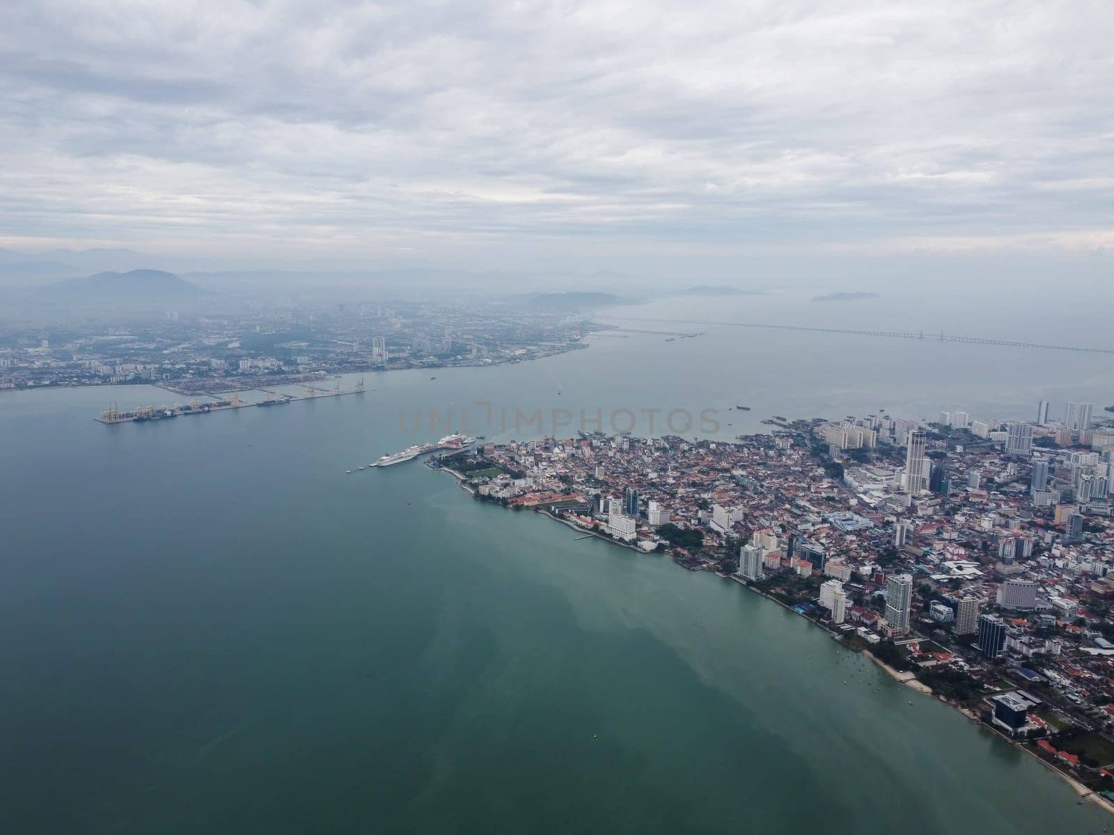 Drone shot of Penang Island and mainland in overcast day