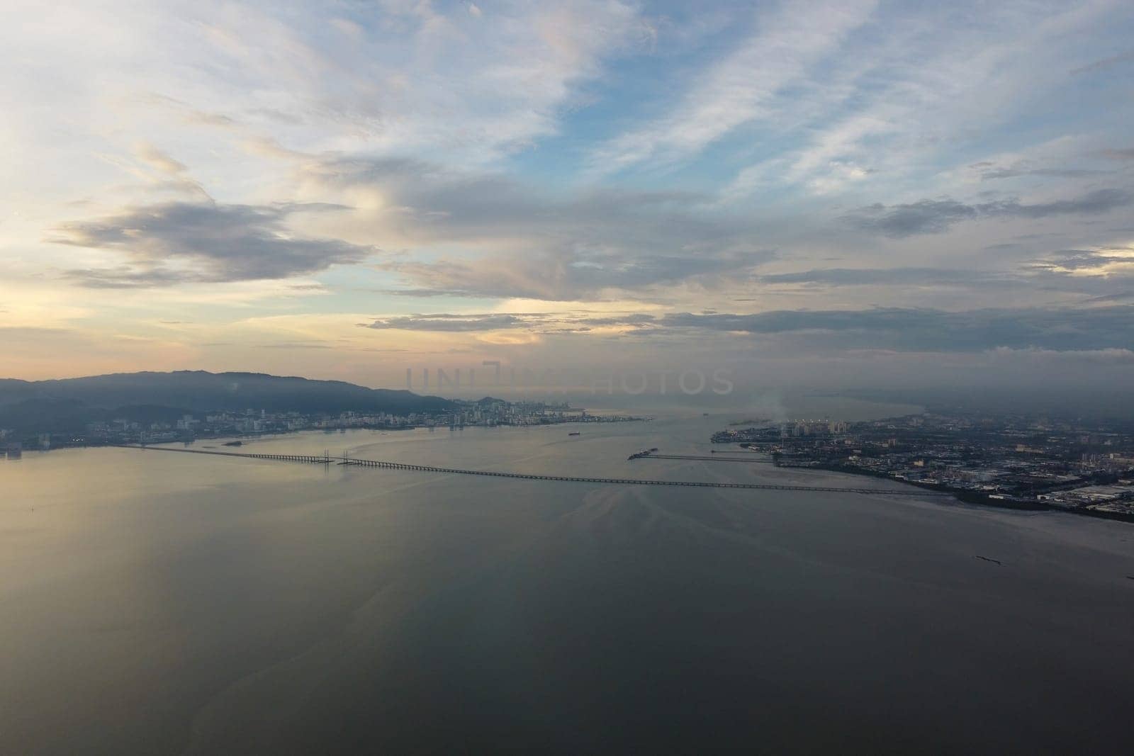 First Penang Bridge in sunset hour aerial view