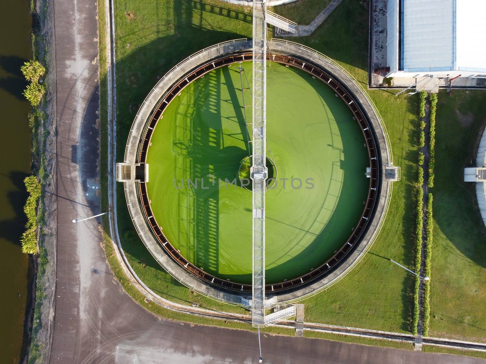 Aerial top down view water sewage station