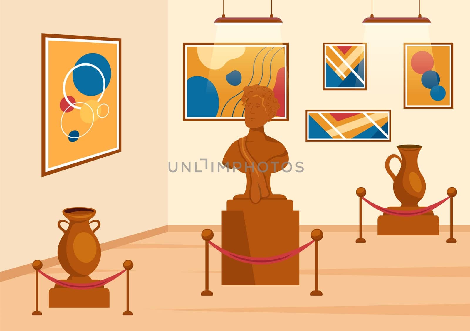 Contemporary Art Abstract Sculptures of Performance Standing in Exposition Hall or Museum on Flat Cartoon Hand Drawn Templates Illustration