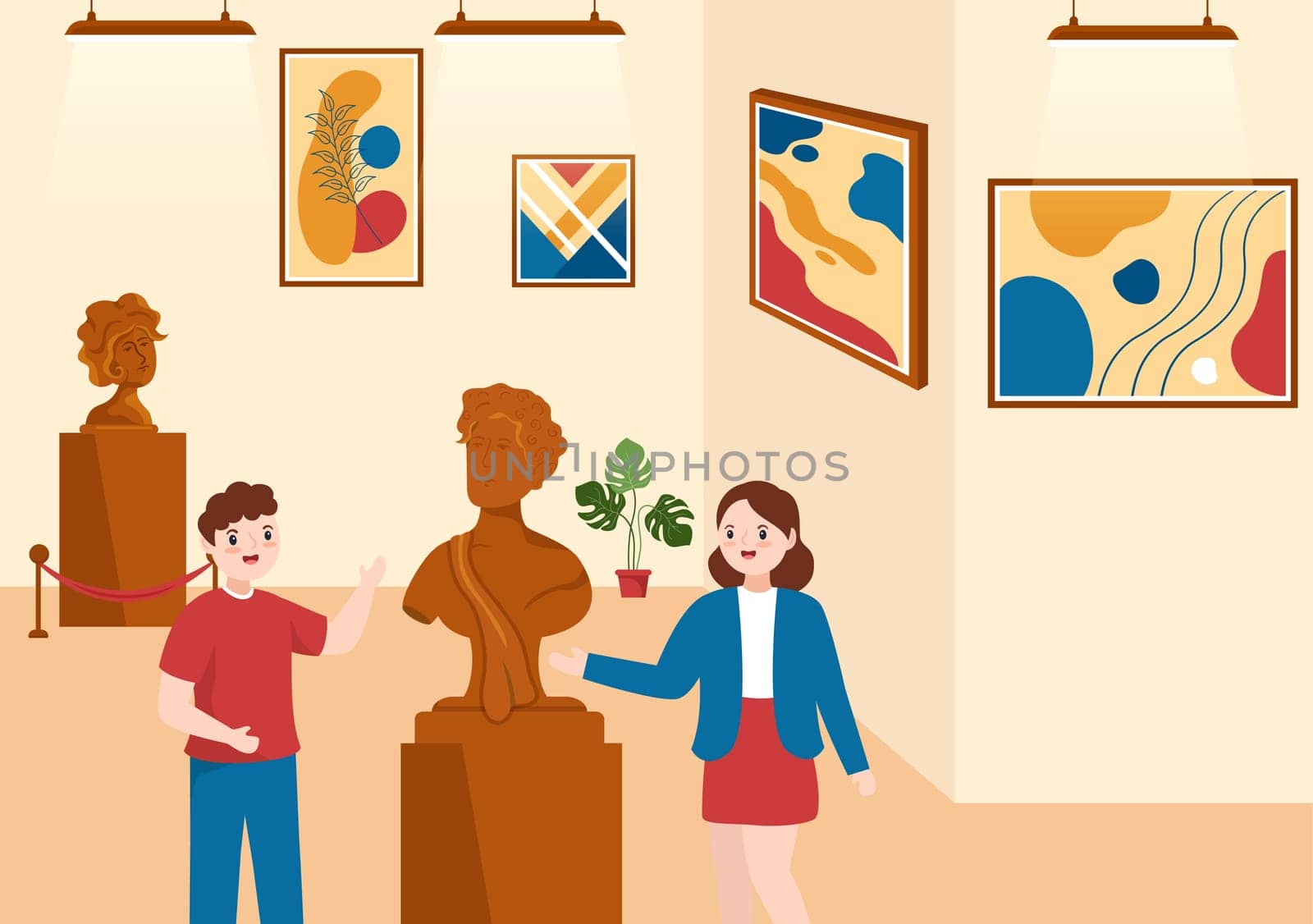 Contemporary Art Abstract Sculptures of Performance Standing in Exposition Hall or Museum on Flat Cartoon Hand Drawn Templates Illustration