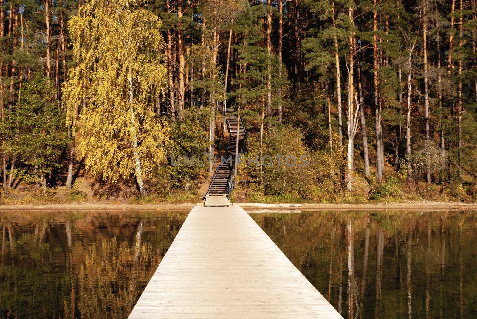 Wide viewing angle from Baltieji Lakajai Pier in Labanoras Regional Park, leading to a wooden staircase among the autumn forest.