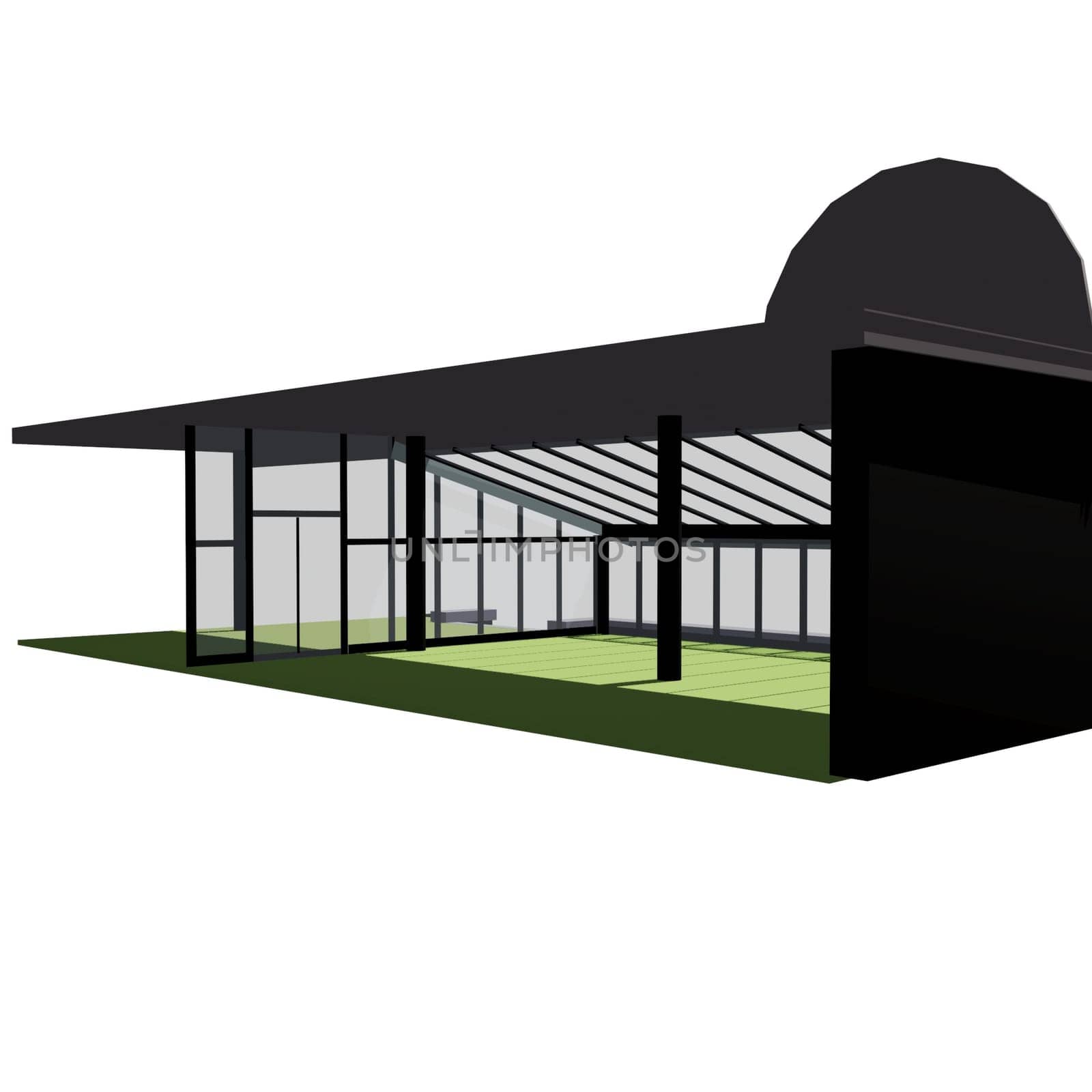 Three-dimensional model of the summer platform of the annex to the restaurant made of light metal the structures