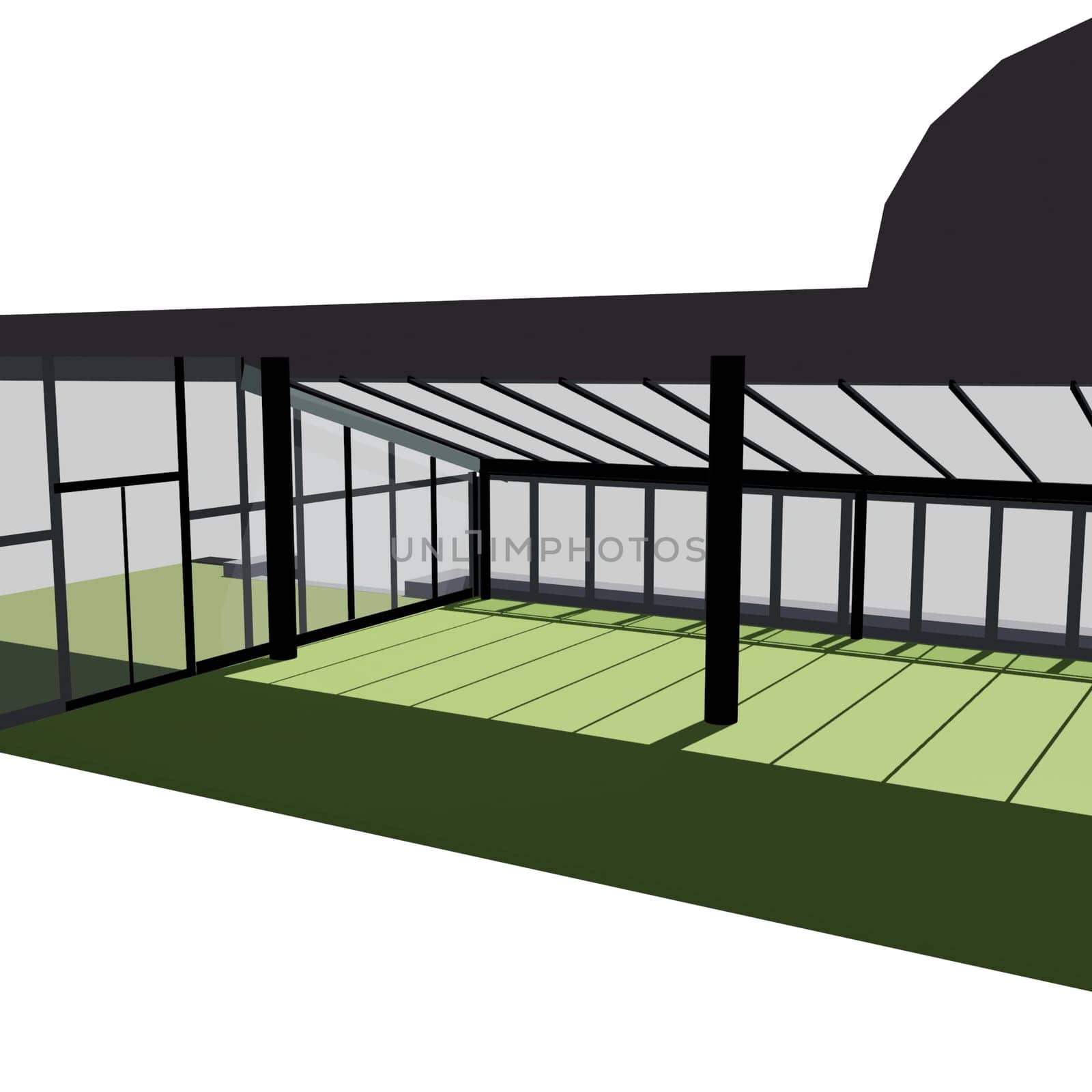 Three-dimensional model of the summer platform of the annex to the restaurant made of light metal the structures