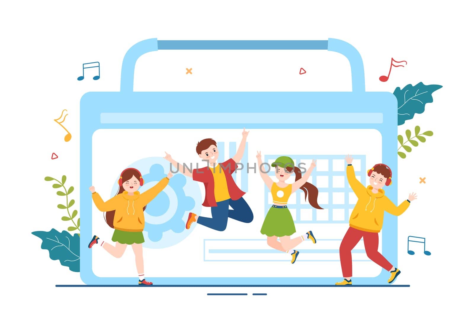 MP3 Player with Headphones, Headset and Phone of Music Listening Devices in Mobile App on Flat Cartoon Hand Drawn Templates Illustration